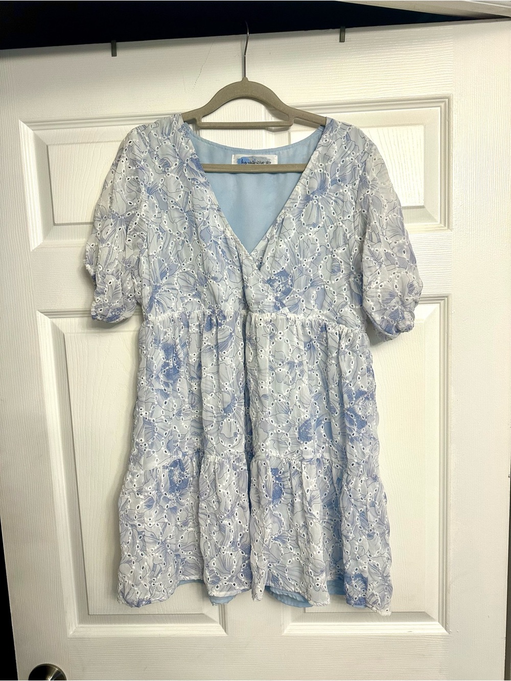 Light Blue and White Peplum V-neck Dress
